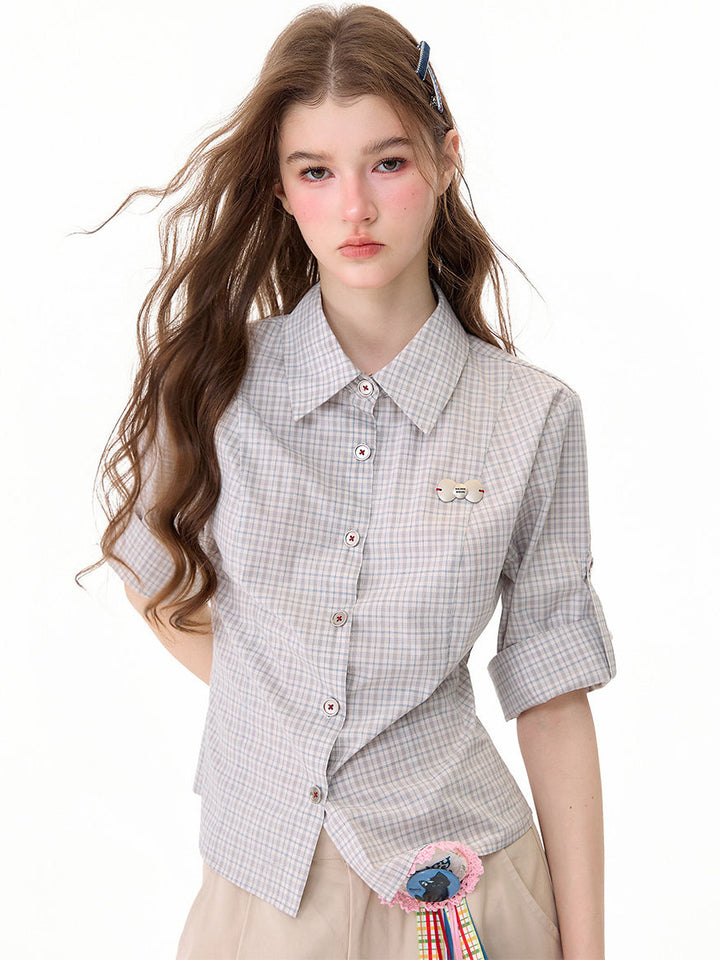 Preppy Gray Plaid Fitted Shirt