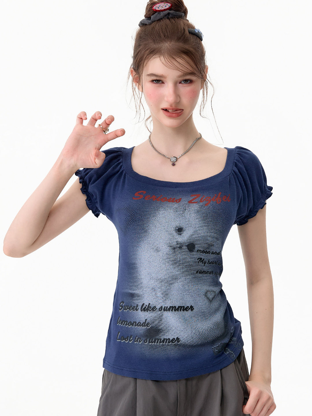 Y2K Cat Graphic Puff Sleeve T-Shirt
