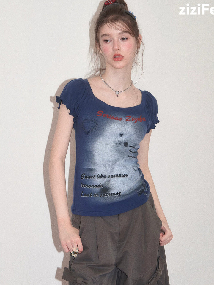 Y2K Cat Graphic Puff Sleeve T-Shirt