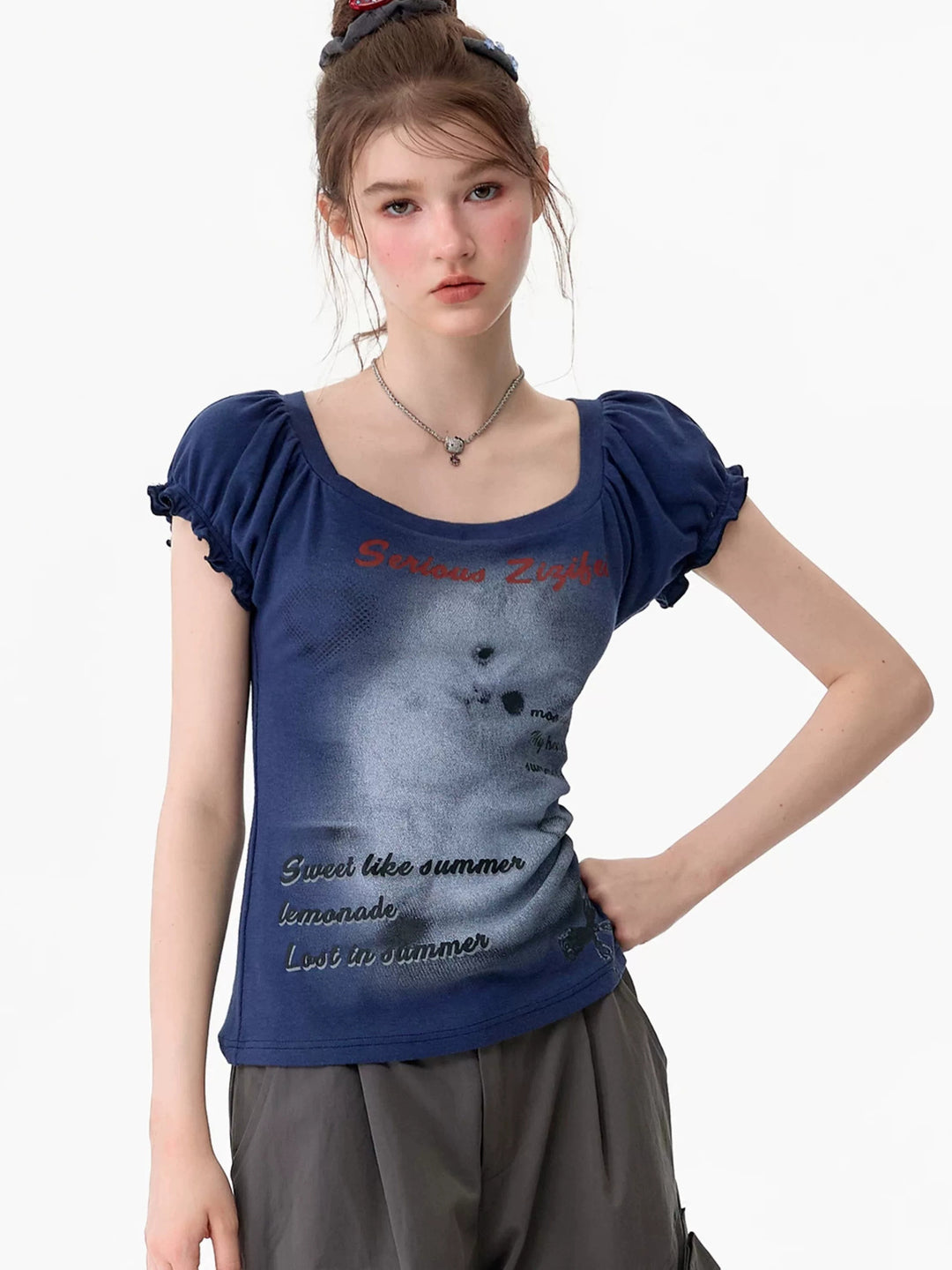 Y2K Cat Graphic Puff Sleeve T-Shirt
