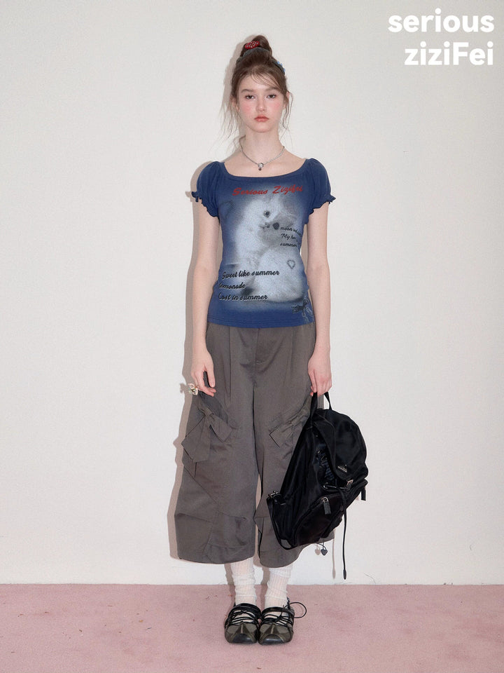 Y2K Cat Graphic Puff Sleeve T-Shirt