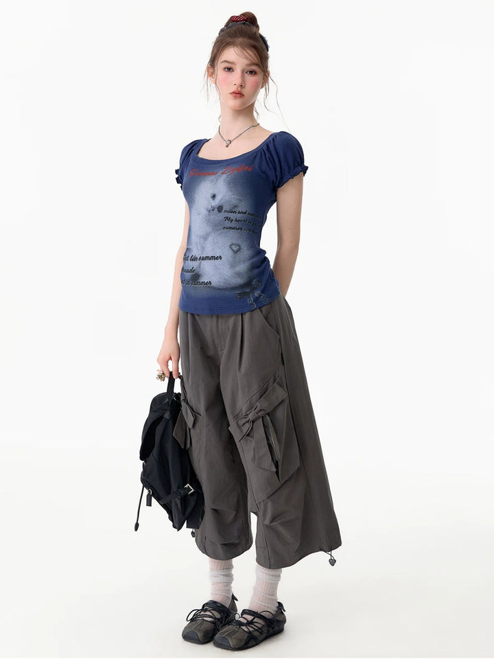 Y2K Cat Graphic Puff Sleeve T-Shirt
