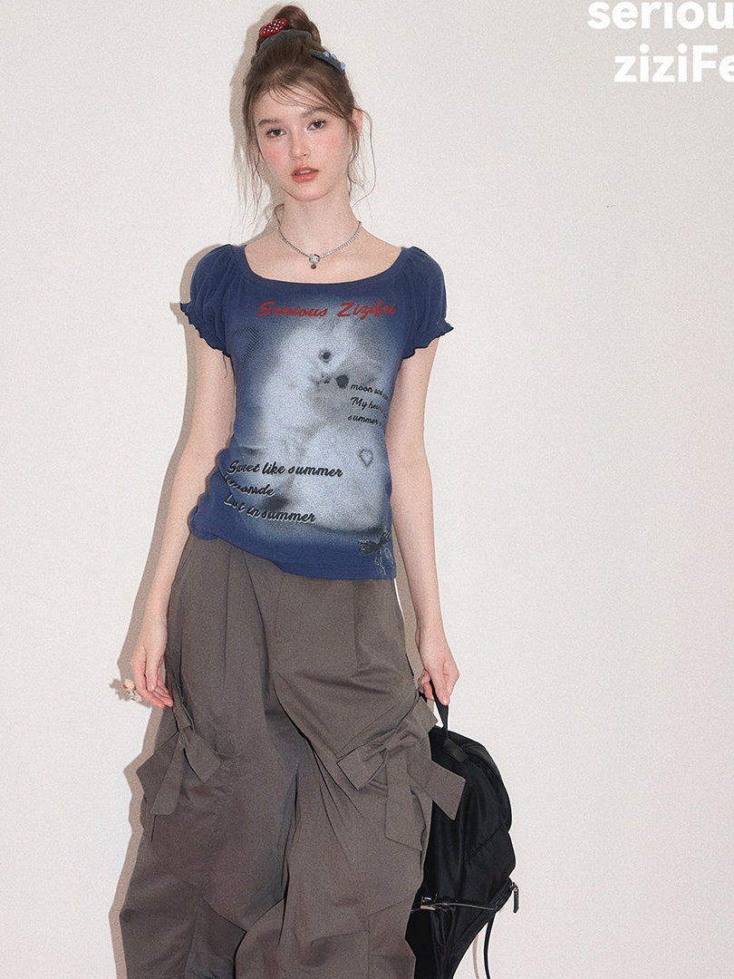 Y2K Cat Graphic Puff Sleeve T-Shirt