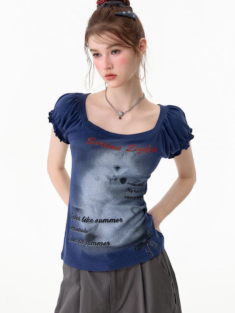 Y2K Cat Graphic Puff Sleeve T-Shirt