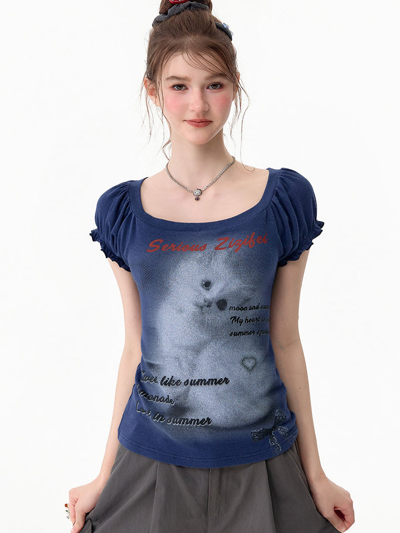 Y2K Cat Graphic Puff Sleeve T-Shirt