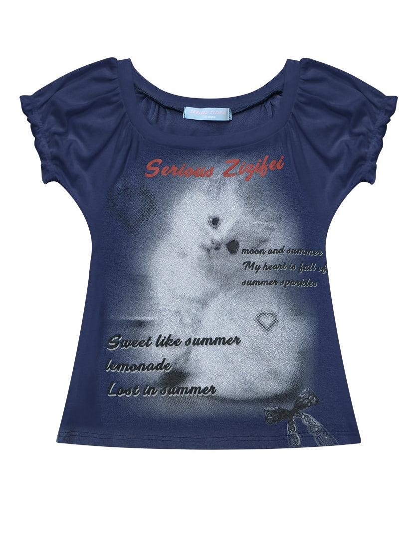 Y2K Cat Graphic Puff Sleeve T-Shirt