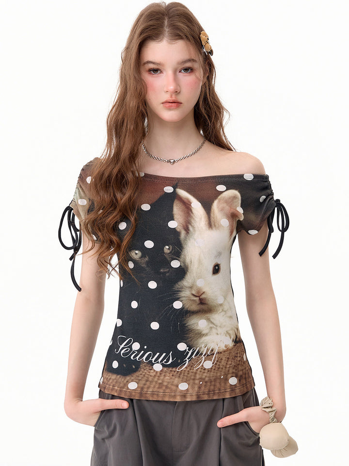 Cat and Rabbit Off-Shoulder T-Shirt
