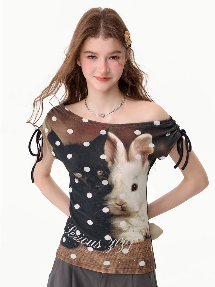 Cat and Rabbit Off-Shoulder T-Shirt