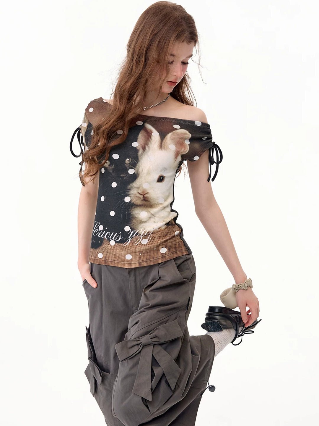 Cat and Rabbit Off-Shoulder T-Shirt