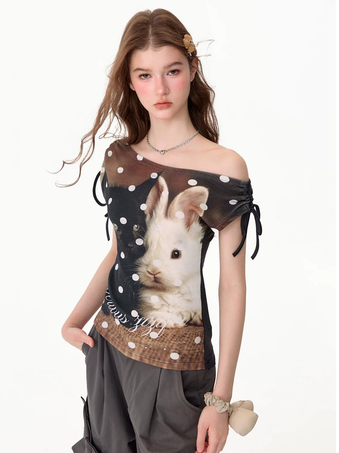 Cat and Rabbit Off-Shoulder T-Shirt