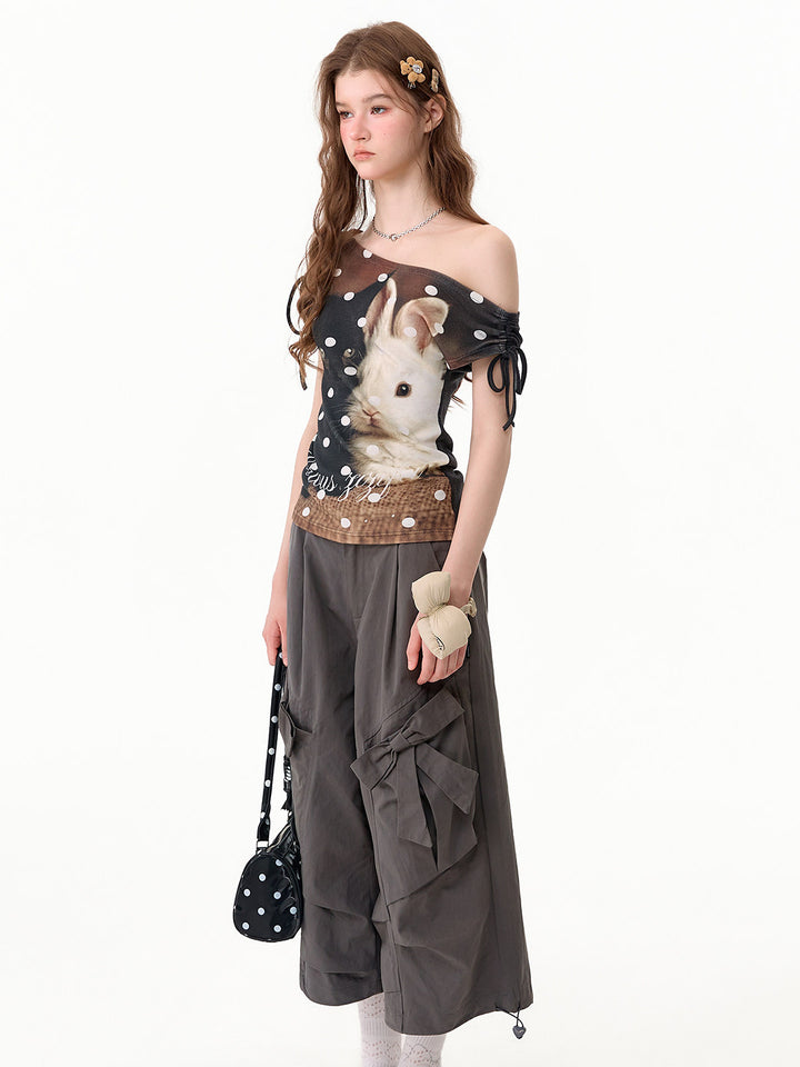 Cat and Rabbit Off-Shoulder T-Shirt