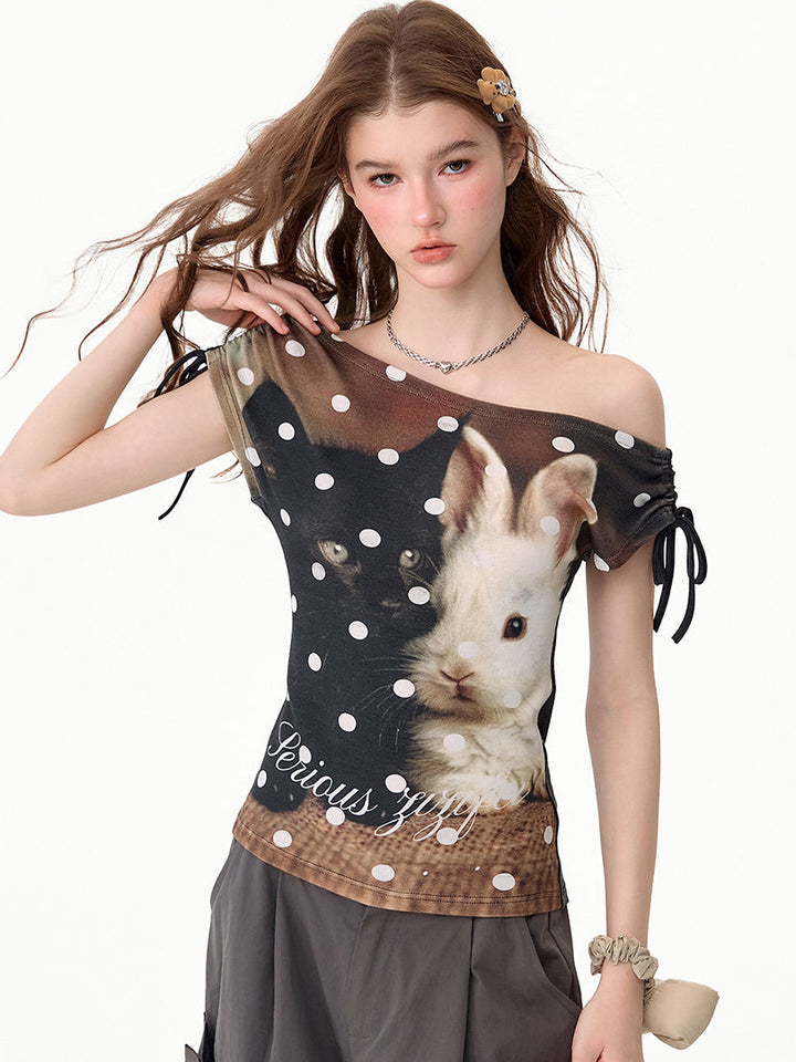 Cat and Rabbit Off-Shoulder T-Shirt