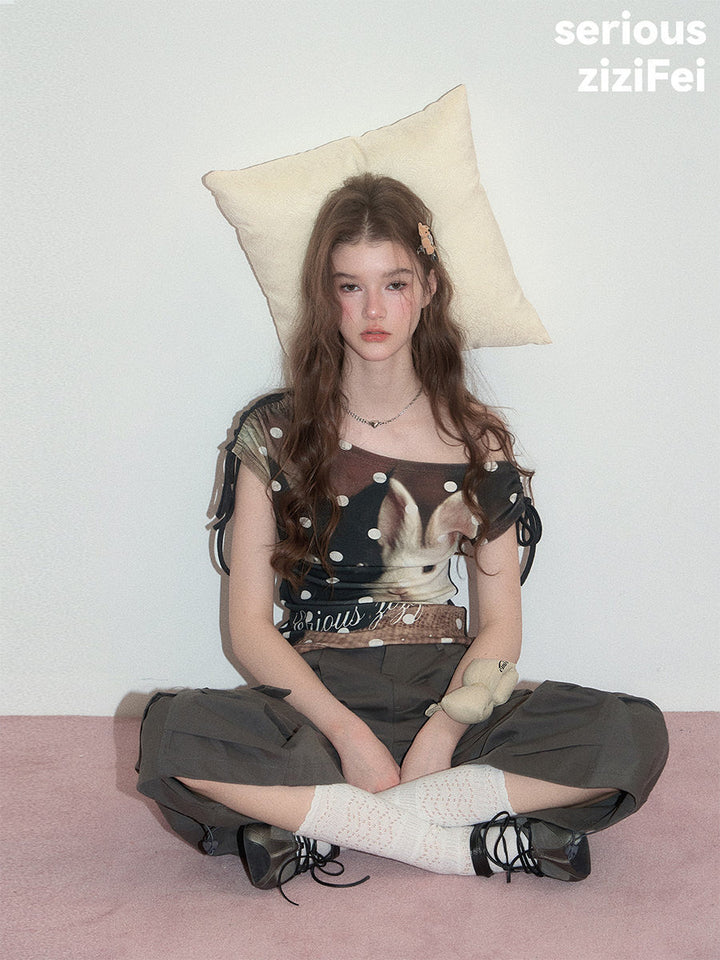 Cat and Rabbit Off-Shoulder T-Shirt
