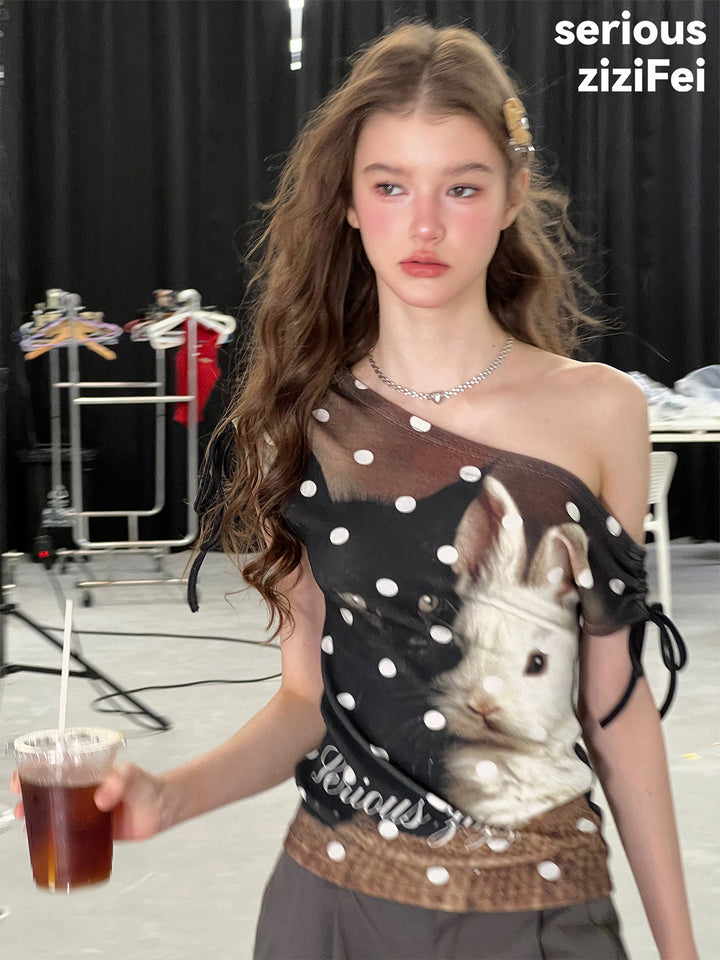 Cat and Rabbit Off-Shoulder T-Shirt