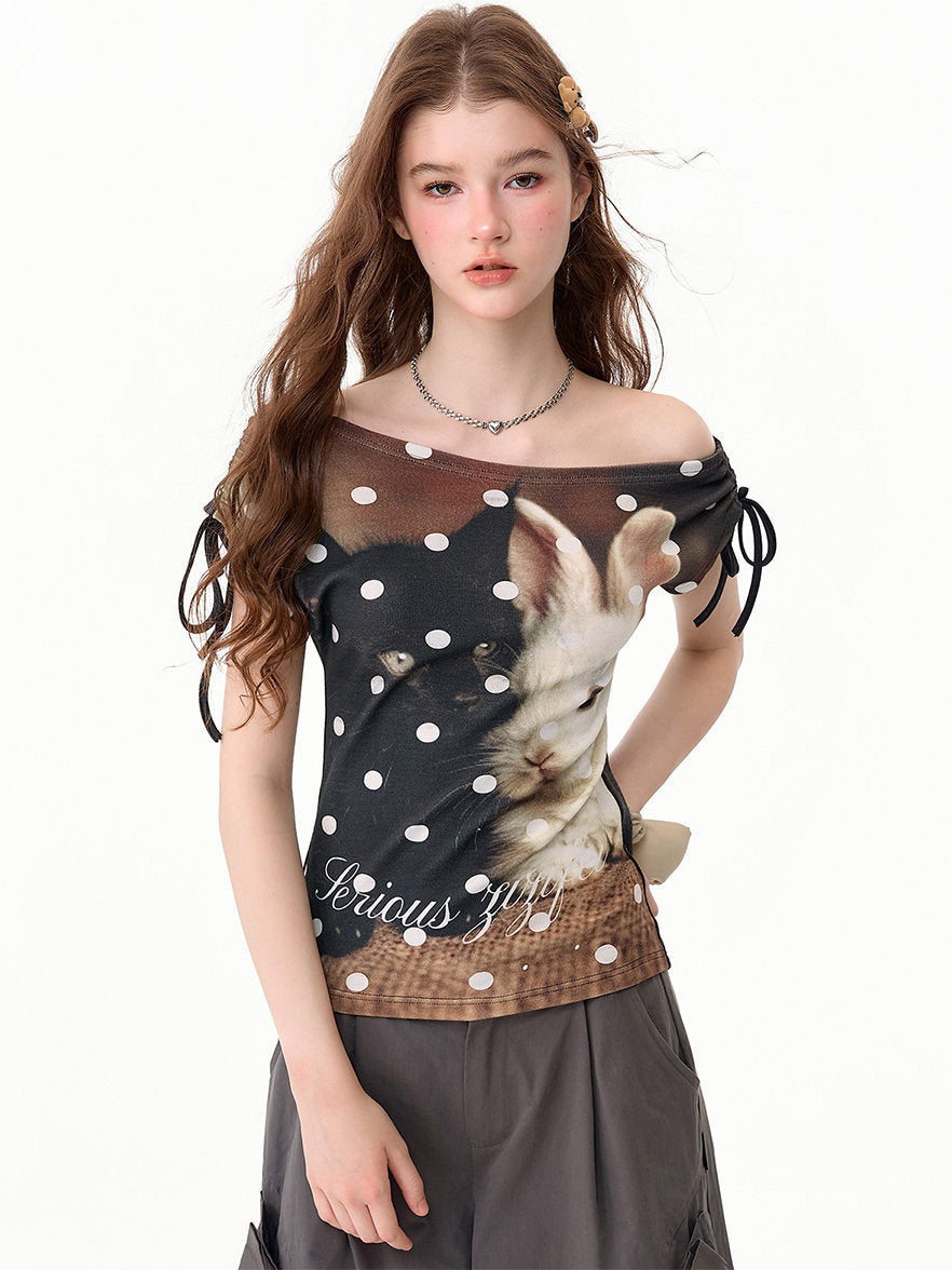 Cat and Rabbit Off-Shoulder T-Shirt