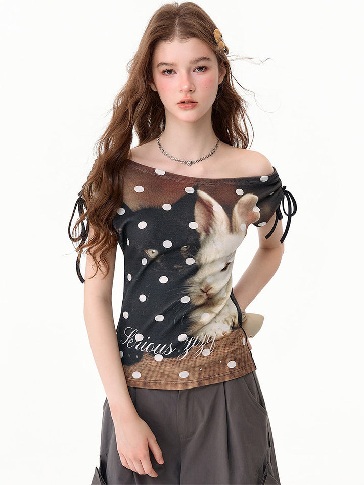Cat and Rabbit Off-Shoulder T-Shirt