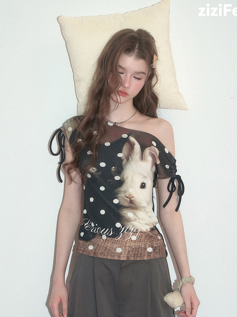 Cat and Rabbit Off-Shoulder T-Shirt