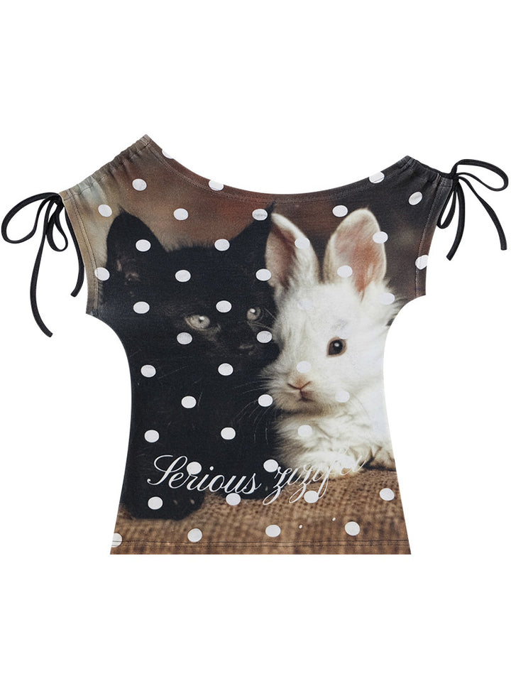 Cat and Rabbit Off-Shoulder T-Shirt