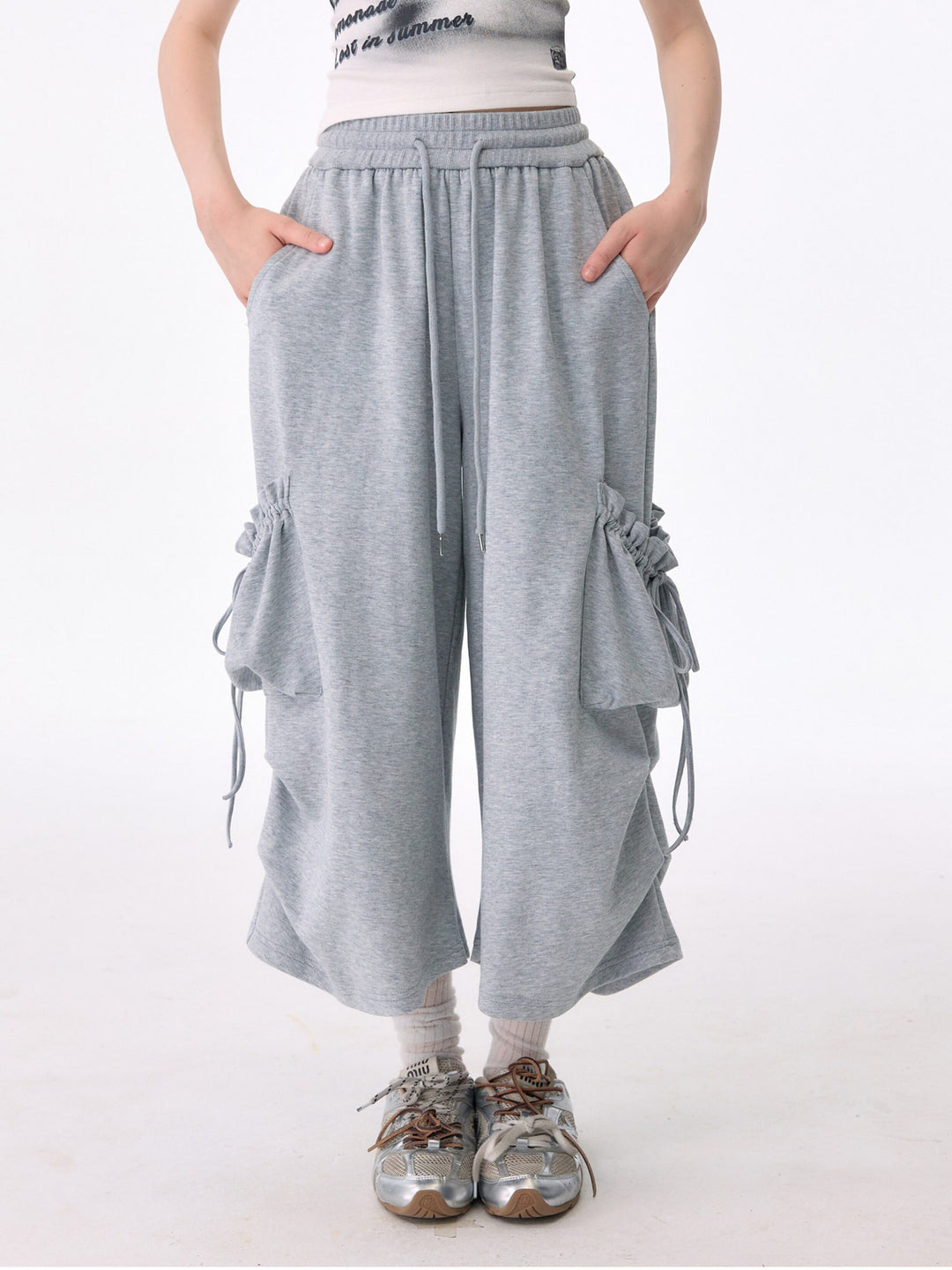 Gray Ruched Cargo Wide Leg Sweatpants