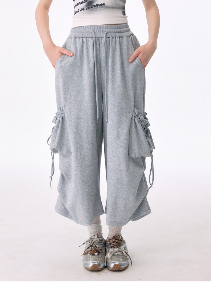 Gray Ruched Cargo Wide Leg Sweatpants