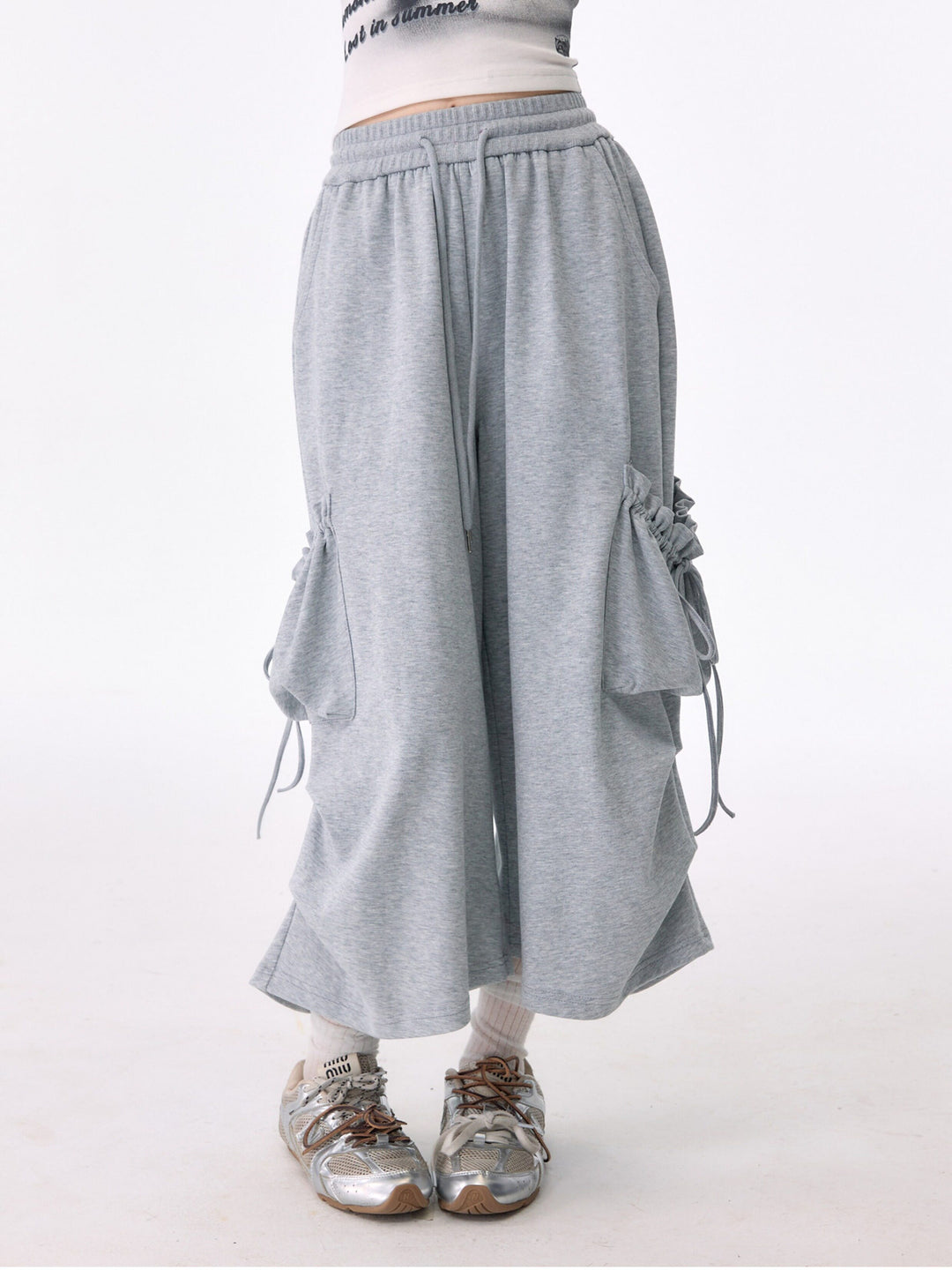 Gray Ruched Cargo Wide Leg Sweatpants