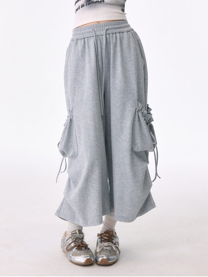 Gray Ruched Cargo Wide Leg Sweatpants