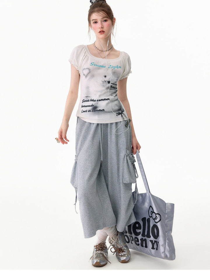 Gray Ruched Cargo Wide Leg Sweatpants