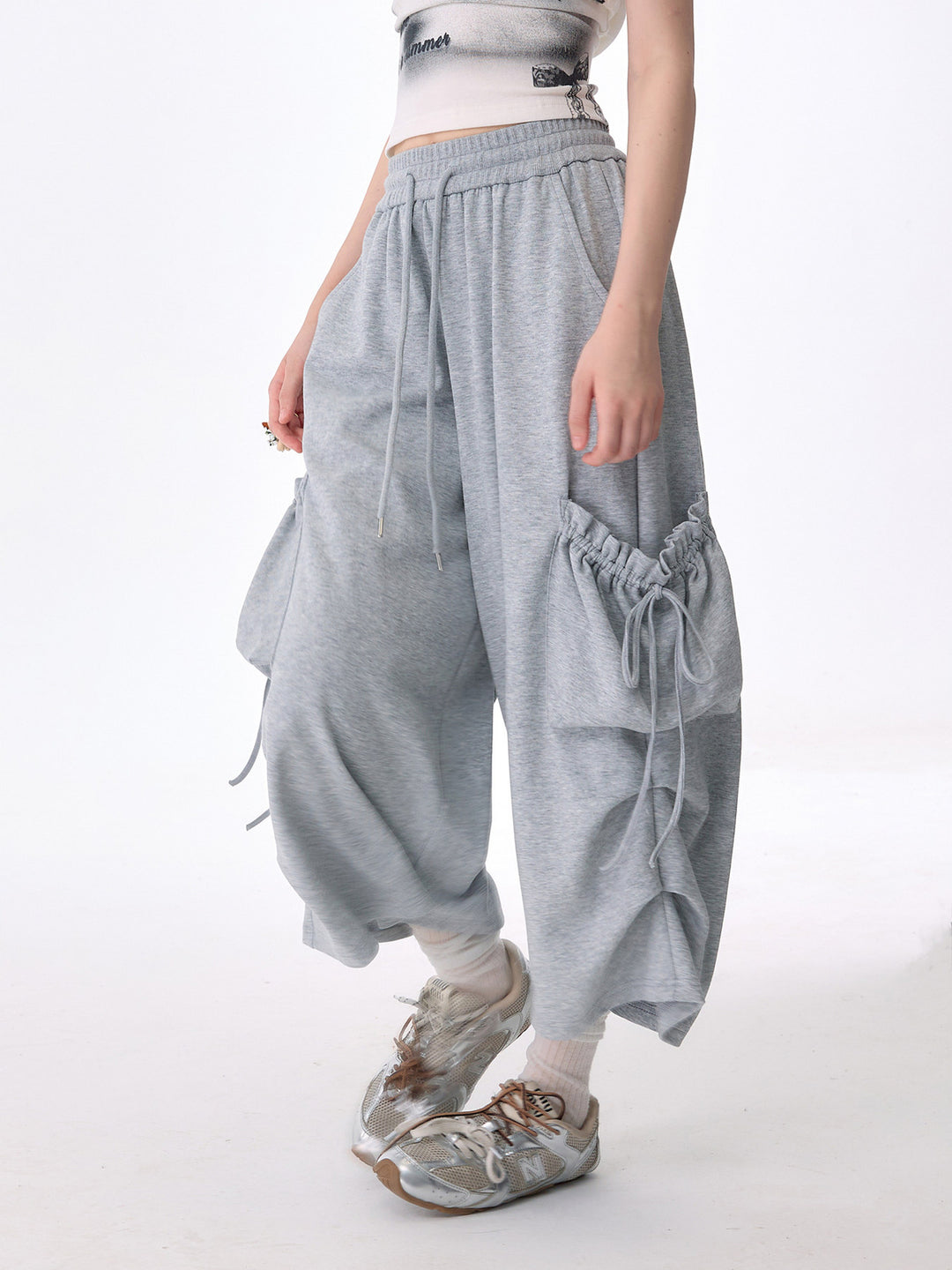 Gray Ruched Cargo Wide Leg Sweatpants