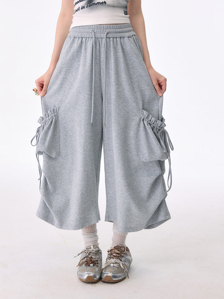 Gray Ruched Cargo Wide Leg Sweatpants