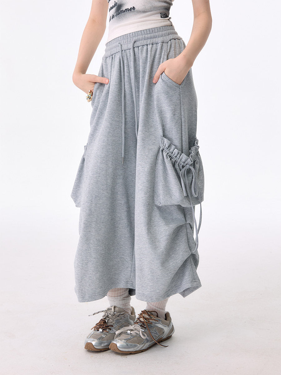 Gray Ruched Cargo Wide Leg Sweatpants