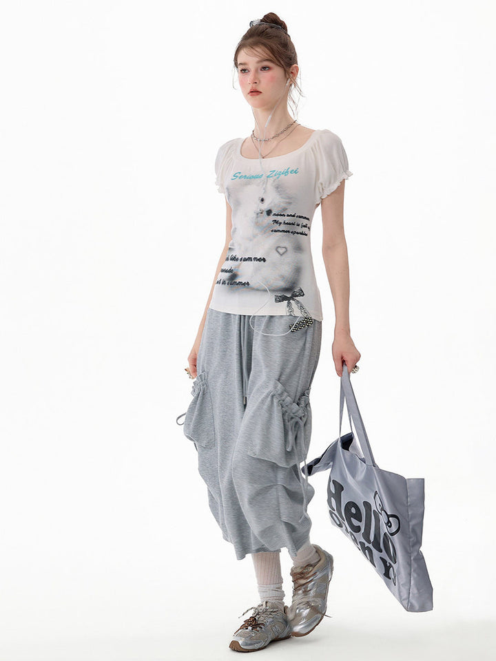 Gray Ruched Cargo Wide Leg Sweatpants