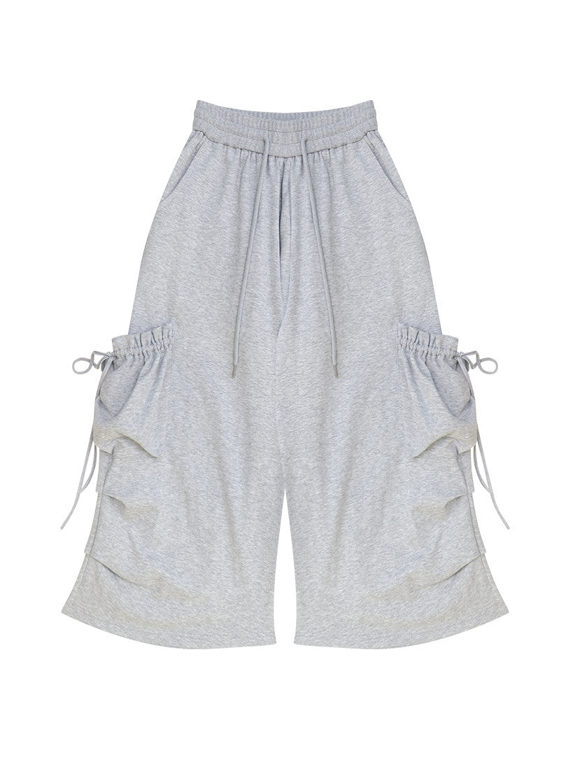 Gray Ruched Cargo Wide Leg Sweatpants