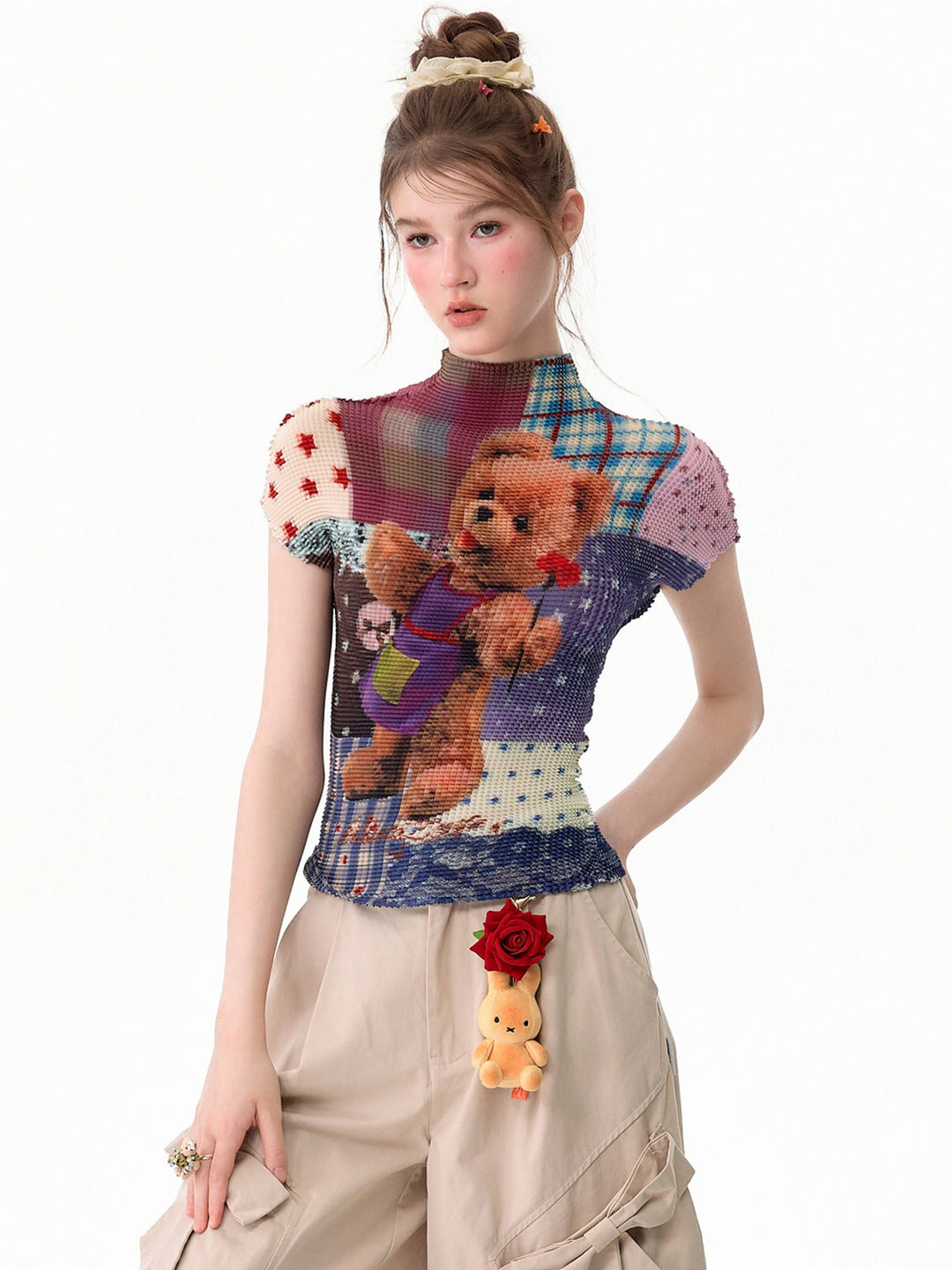 Teddy Bear Patchwork Plissé T-Shirt