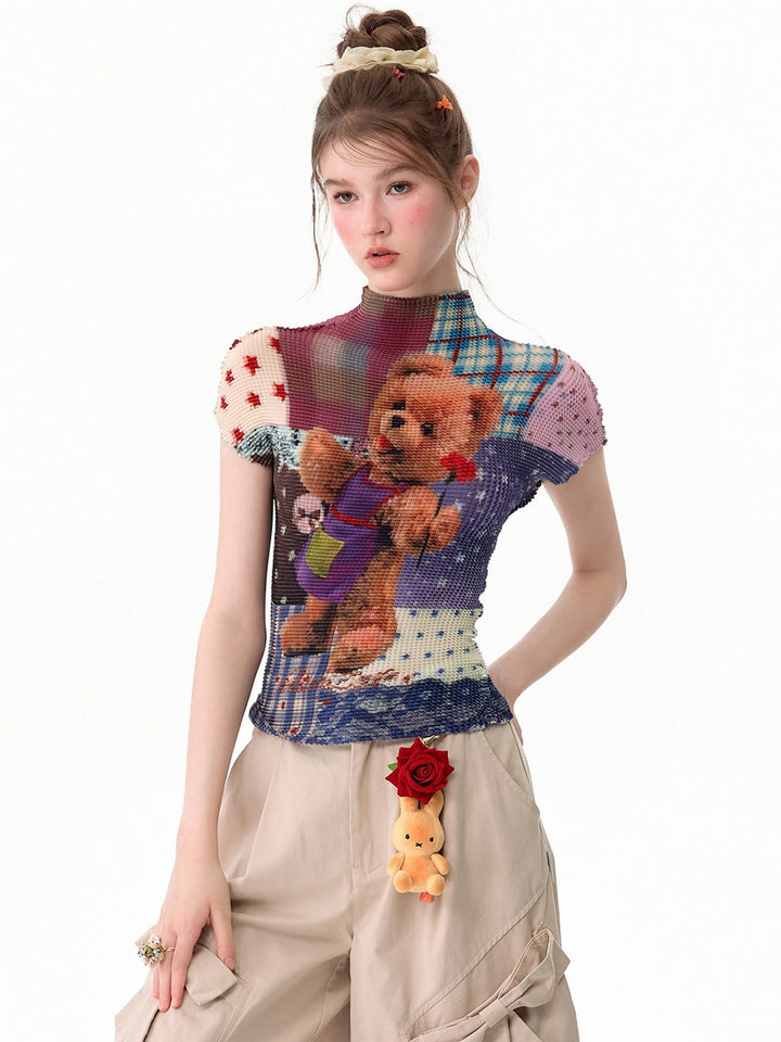 Teddy Bear Patchwork Plissé T-Shirt