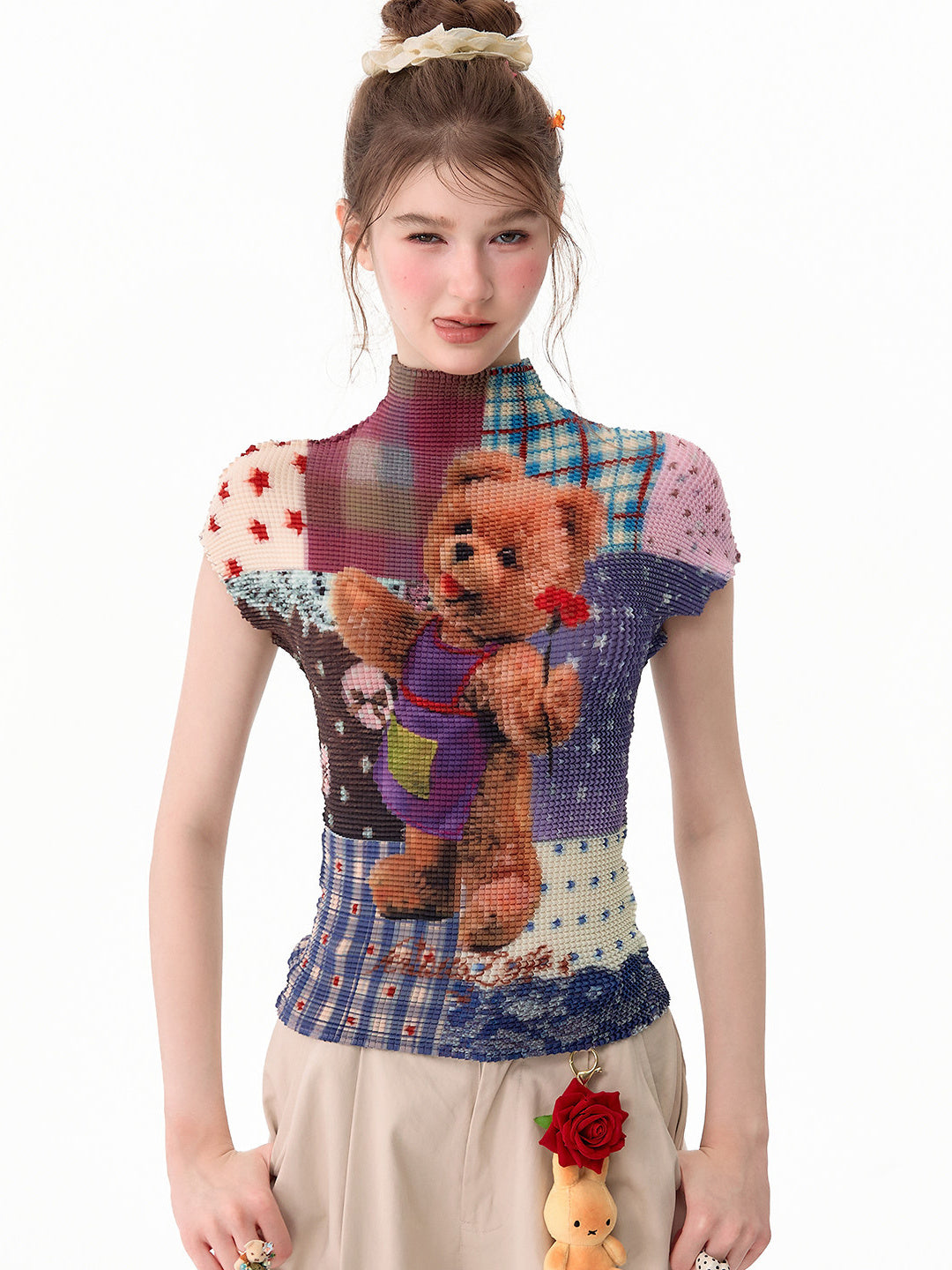 Teddy Bear Patchwork Plissé T-Shirt