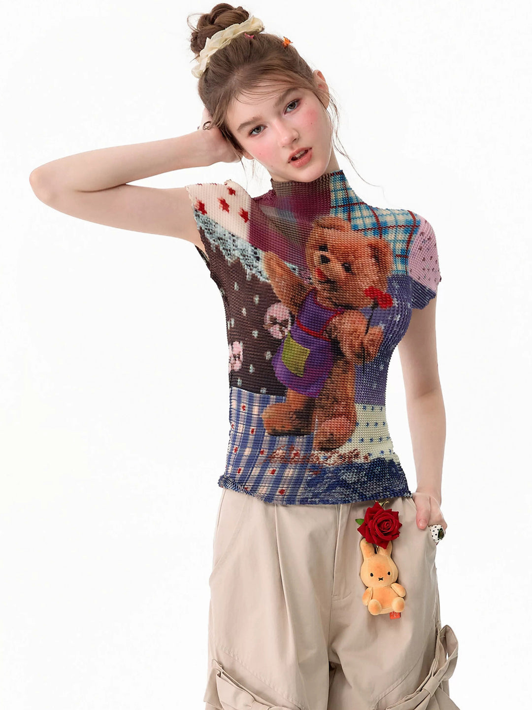 Teddy Bear Patchwork Plissé T-Shirt