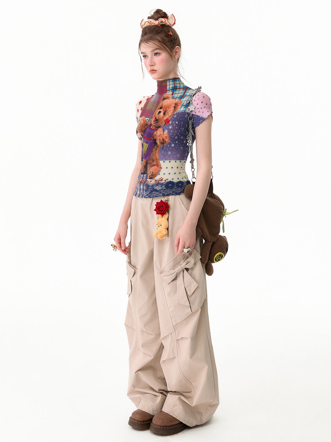 Teddy Bear Patchwork Plissé T-Shirt