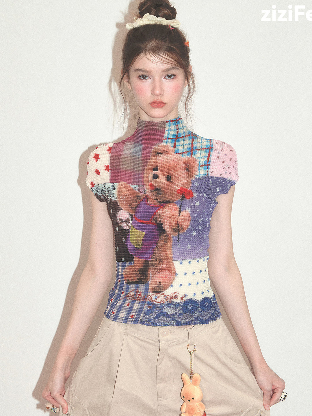 Teddy Bear Patchwork Plissé T-Shirt
