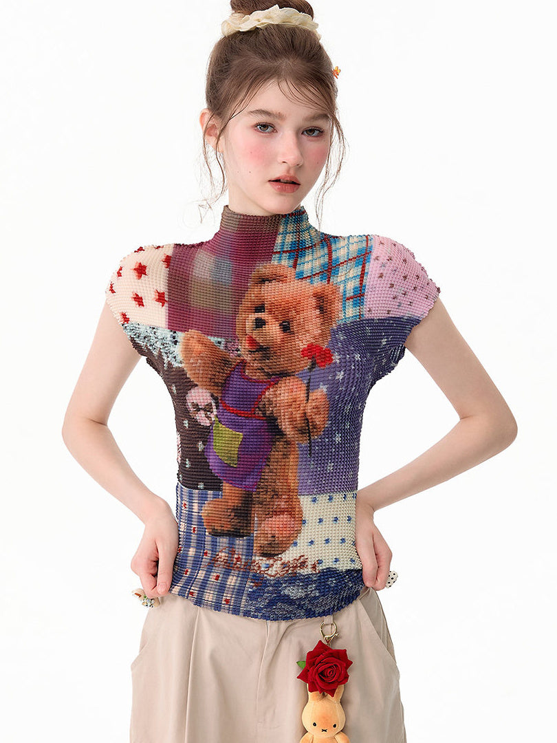 Teddy Bear Patchwork Plissé T-Shirt