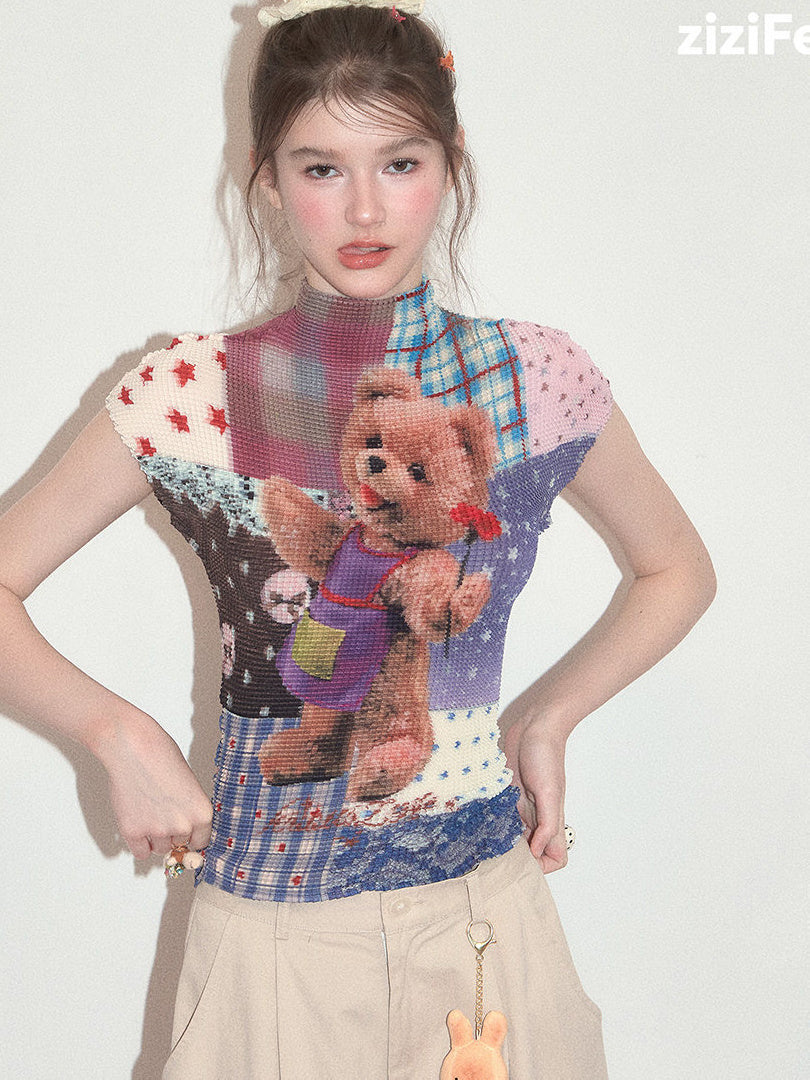 Teddy Bear Patchwork Plissé T-Shirt