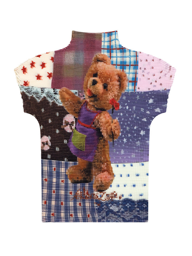 Teddy Bear Patchwork Plissé T-Shirt