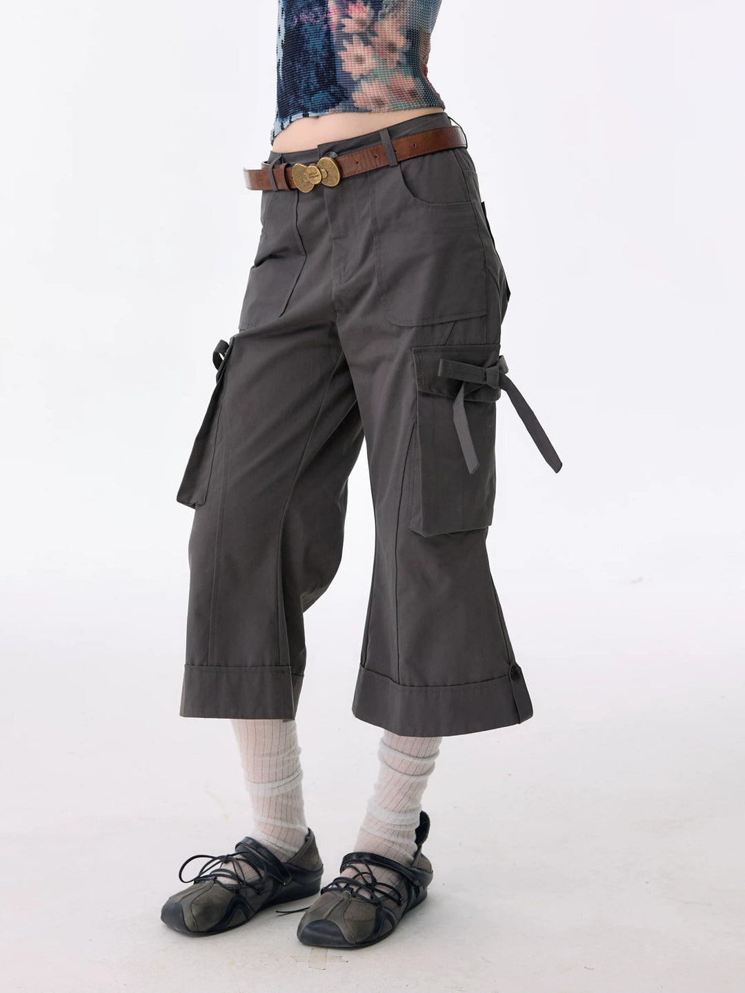 Side-Tie Cropped Flare Cargo Pants