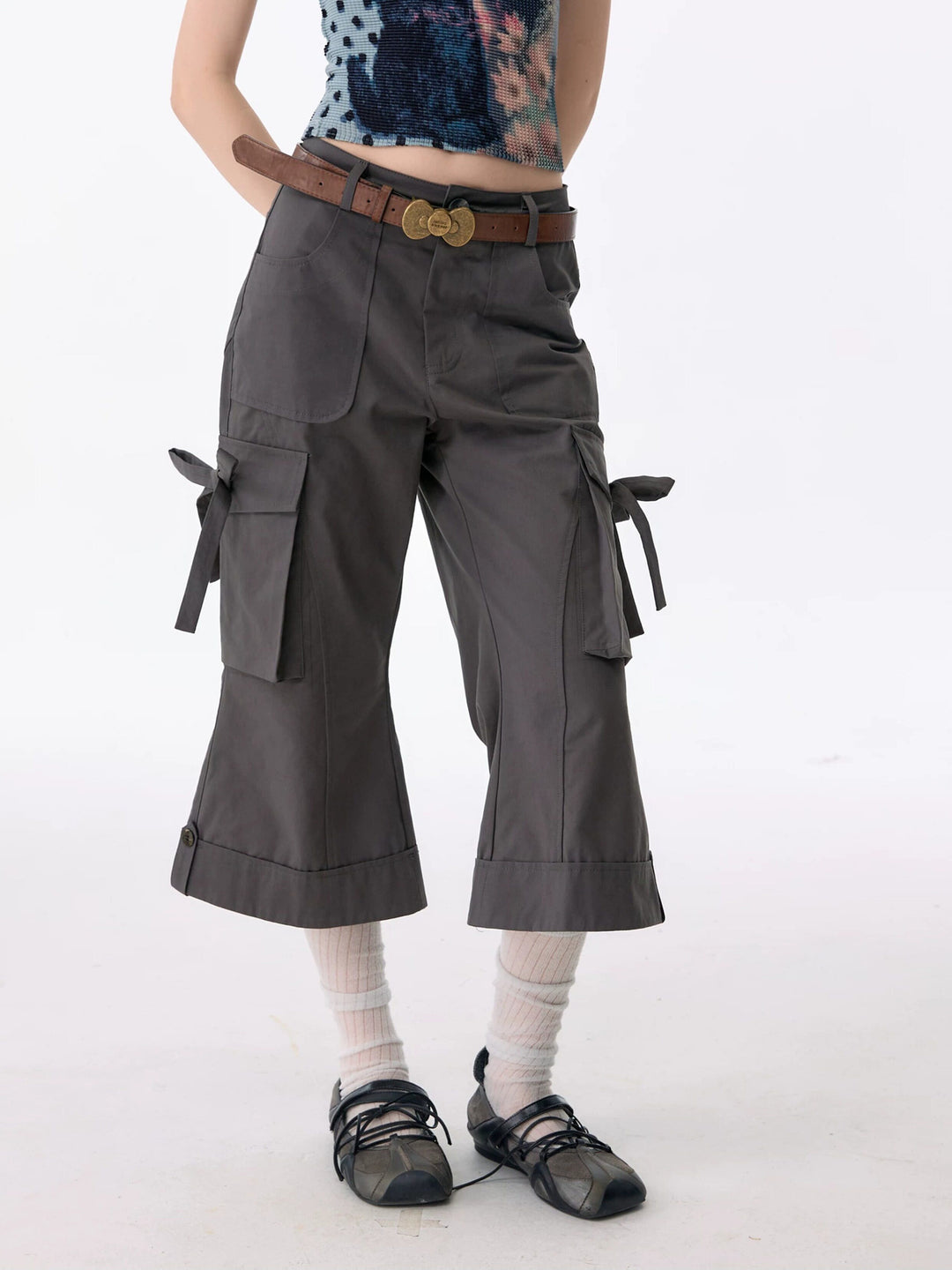 Side-Tie Cropped Flare Cargo Pants