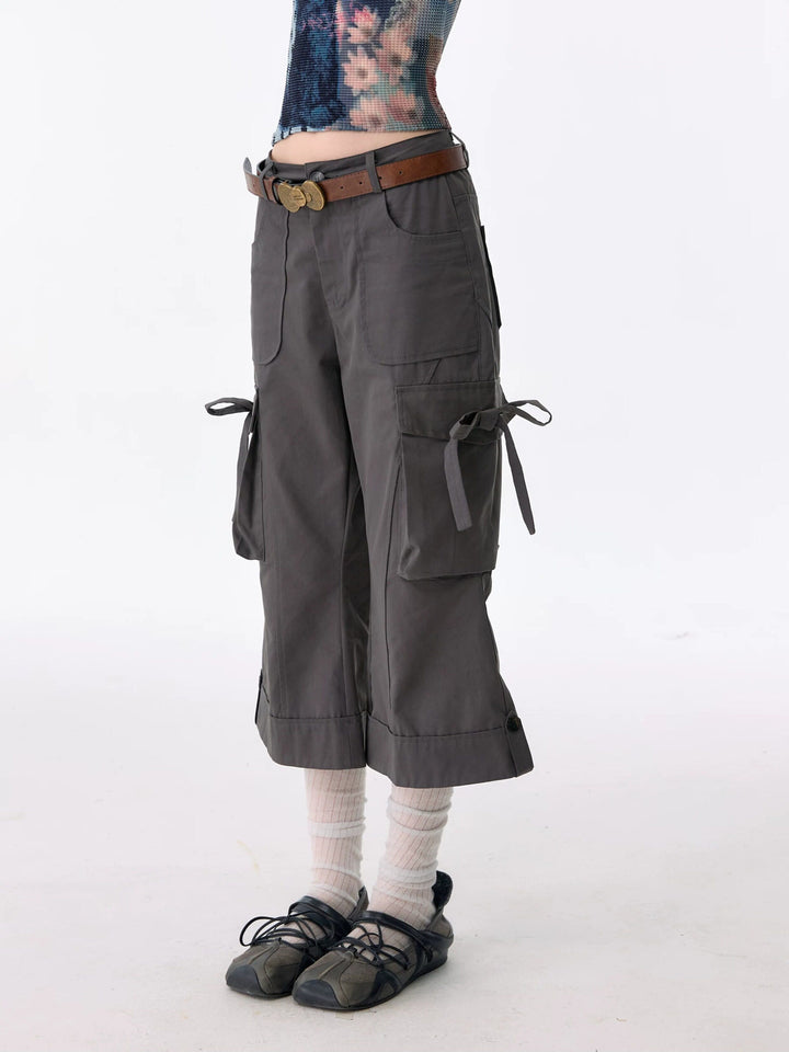 Side-Tie Cropped Flare Cargo Pants
