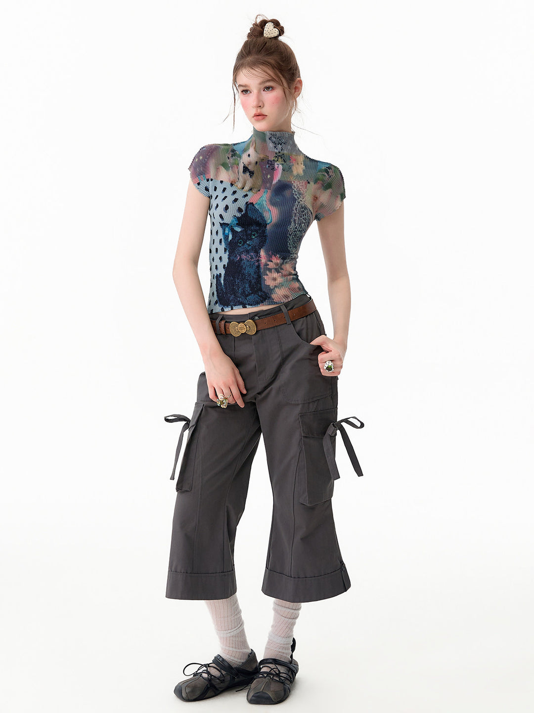 Side-Tie Cropped Flare Cargo Pants