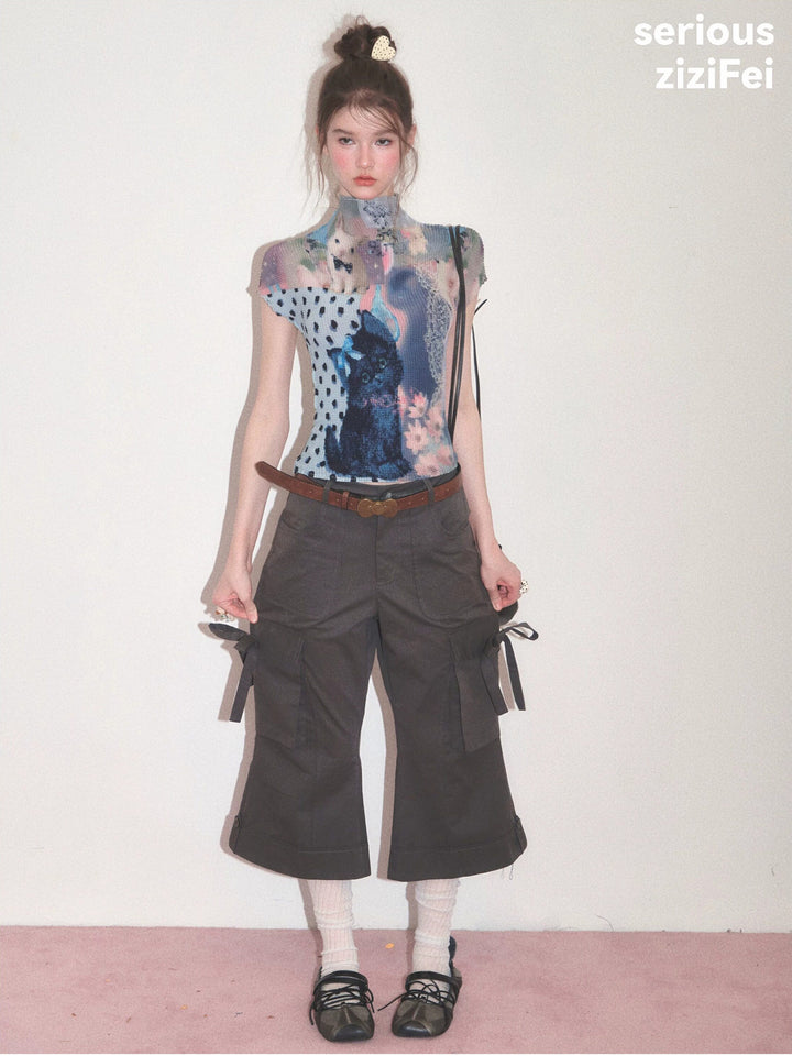 Side-Tie Cropped Flare Cargo Pants
