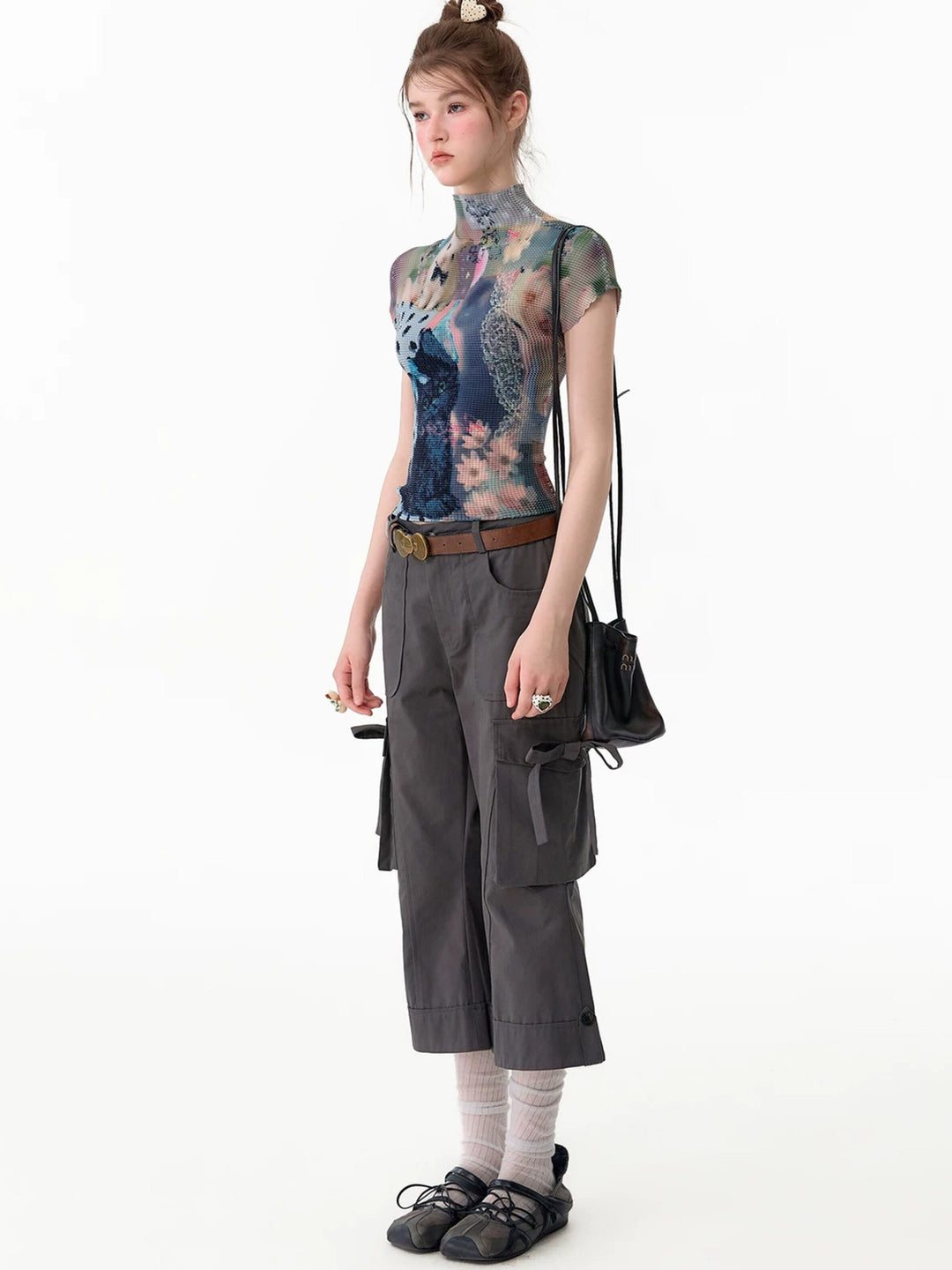 Side-Tie Cropped Flare Cargo Pants