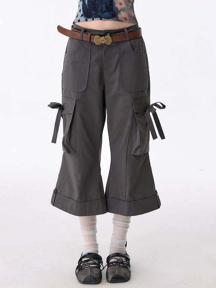 Side-Tie Cropped Flare Cargo Pants