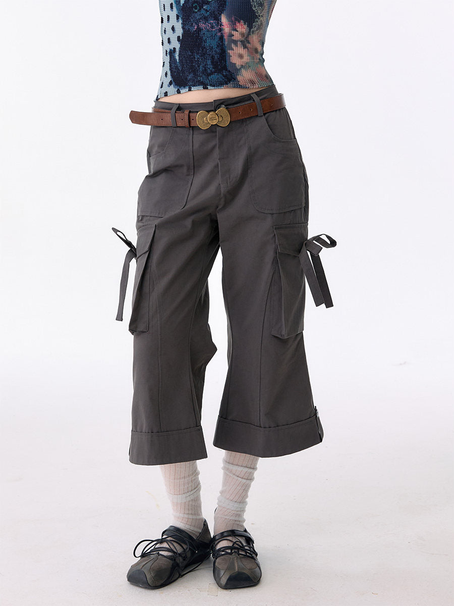 Side-Tie Cropped Flare Cargo Pants