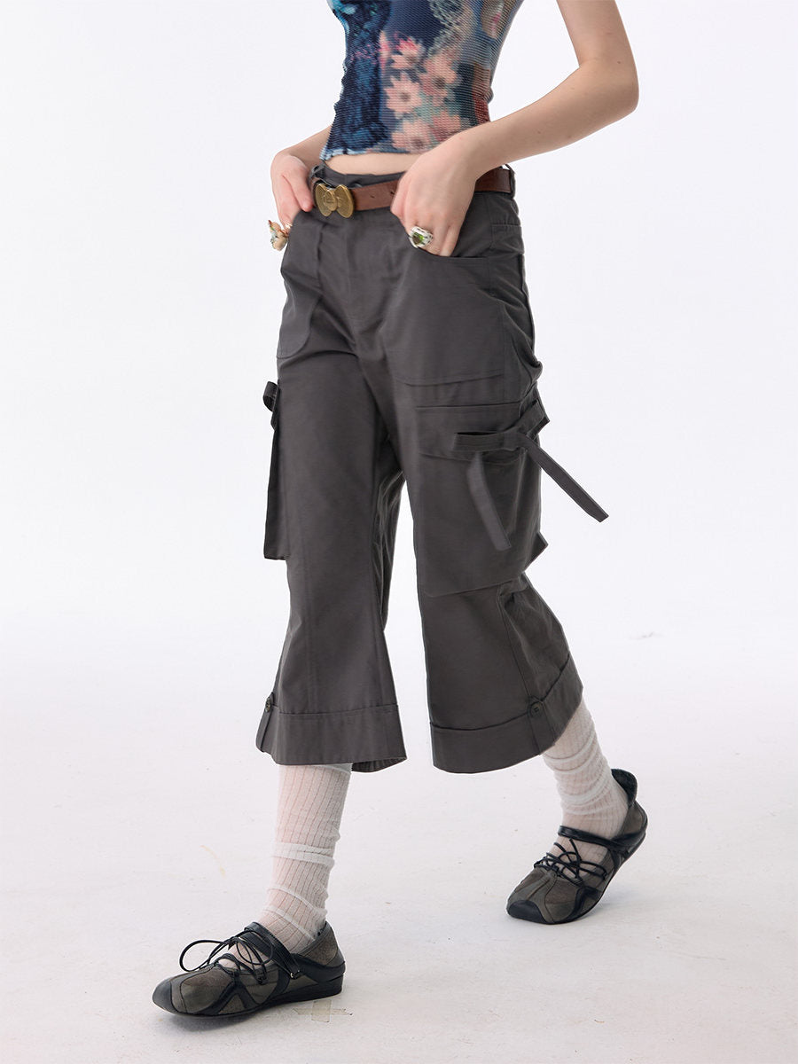 Side-Tie Cropped Flare Cargo Pants